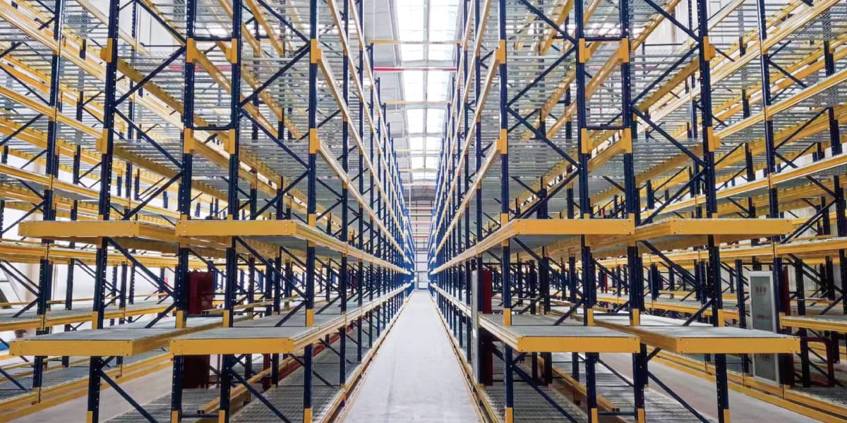 Industrial pallet storage racking system in blue and yellow colors